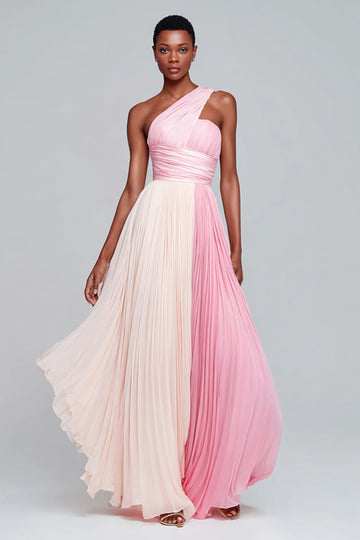Roze One Shoulder A Line Chiffon Lange Formele Jurk met Plooien